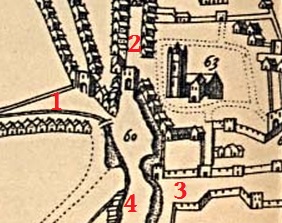 Speed's Map of 1610 shows the original roads before they were forced into being a crossroads (1: Dean Street, 2: Patrick's Street, 3: Kevin Street, 4: New Street)